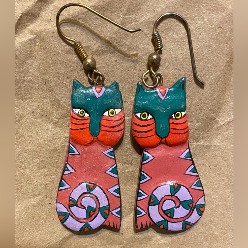 Vtg Laurel Burch Hand Carved Wooden Cat Earrings - Picture 3 of 6